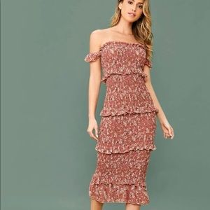 Off the shoulder shirred midi dress